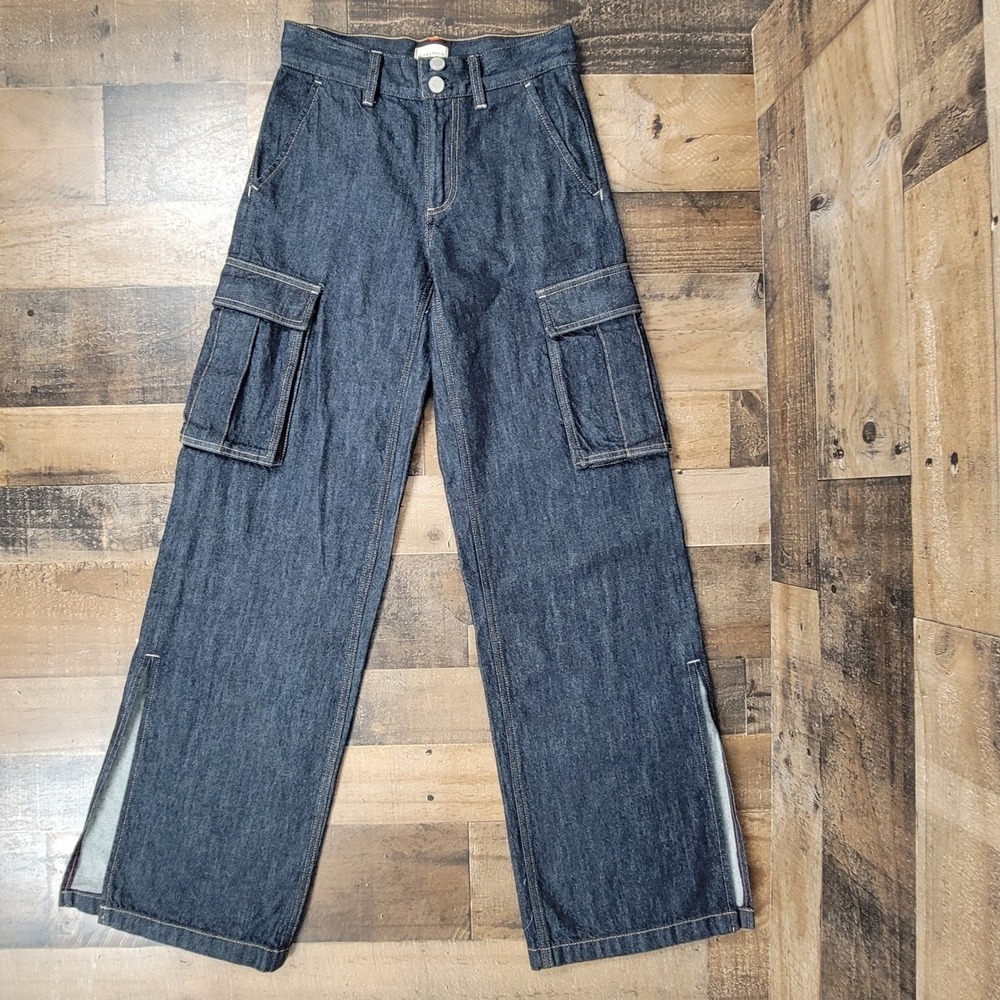 Alice + Olivia Jeans Sz 24 Denim Wide Leg Kal Baggy Cargo Side Slit Utility Nwot